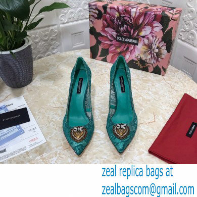 Dolce  &  Gabbana Heel 10.5cm Taormina Lace Pumps Green with Devotion Heart 2021